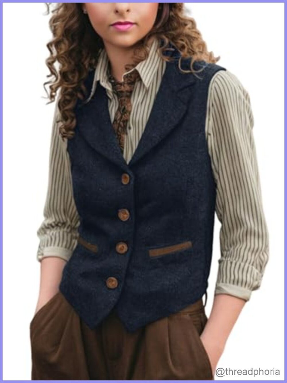Herringbone Tweed Vest V-Neck Waistcoat with Pockets
